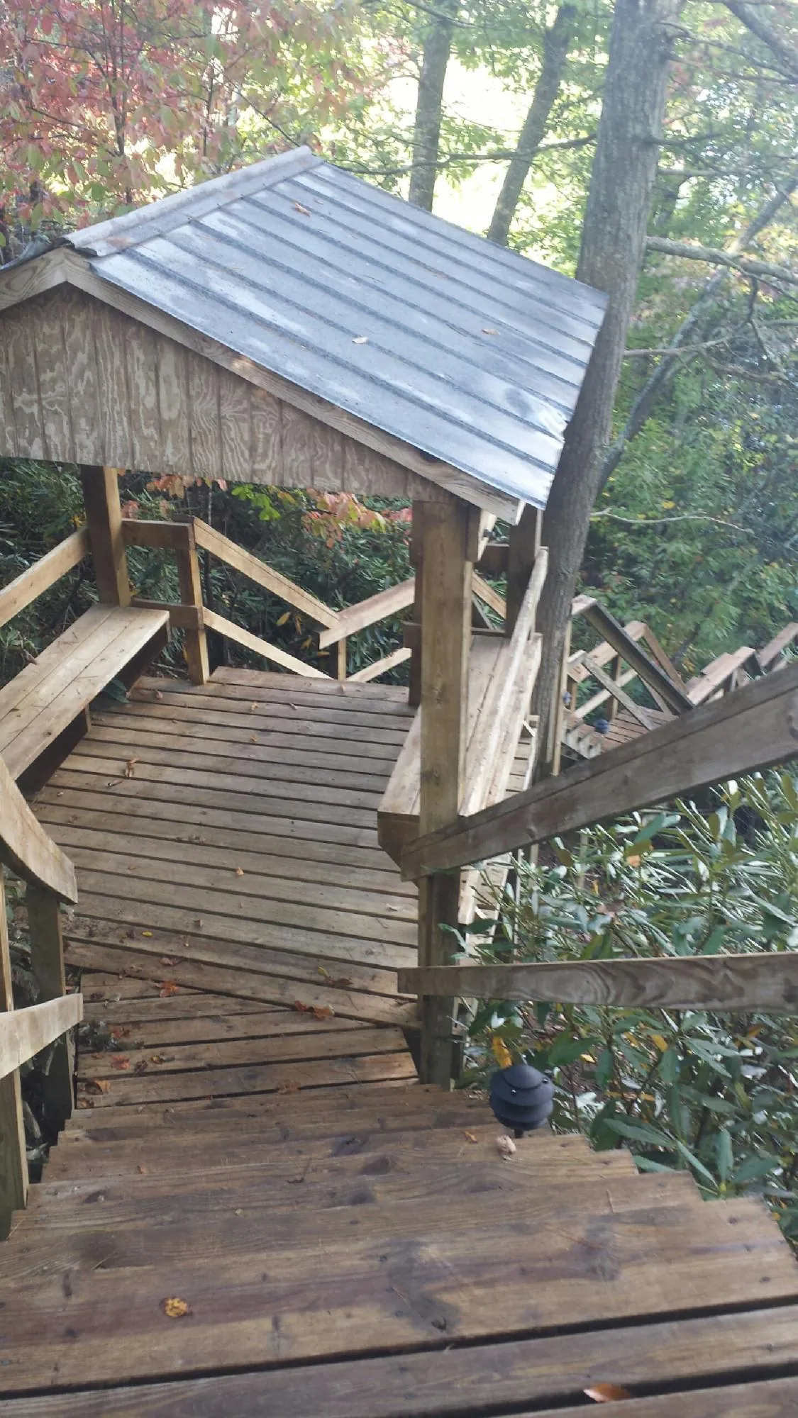 Metal roofed shelter over wooden steps on a wooded walkway — Skylight Repair & Installation work by our crew in Medical Lake